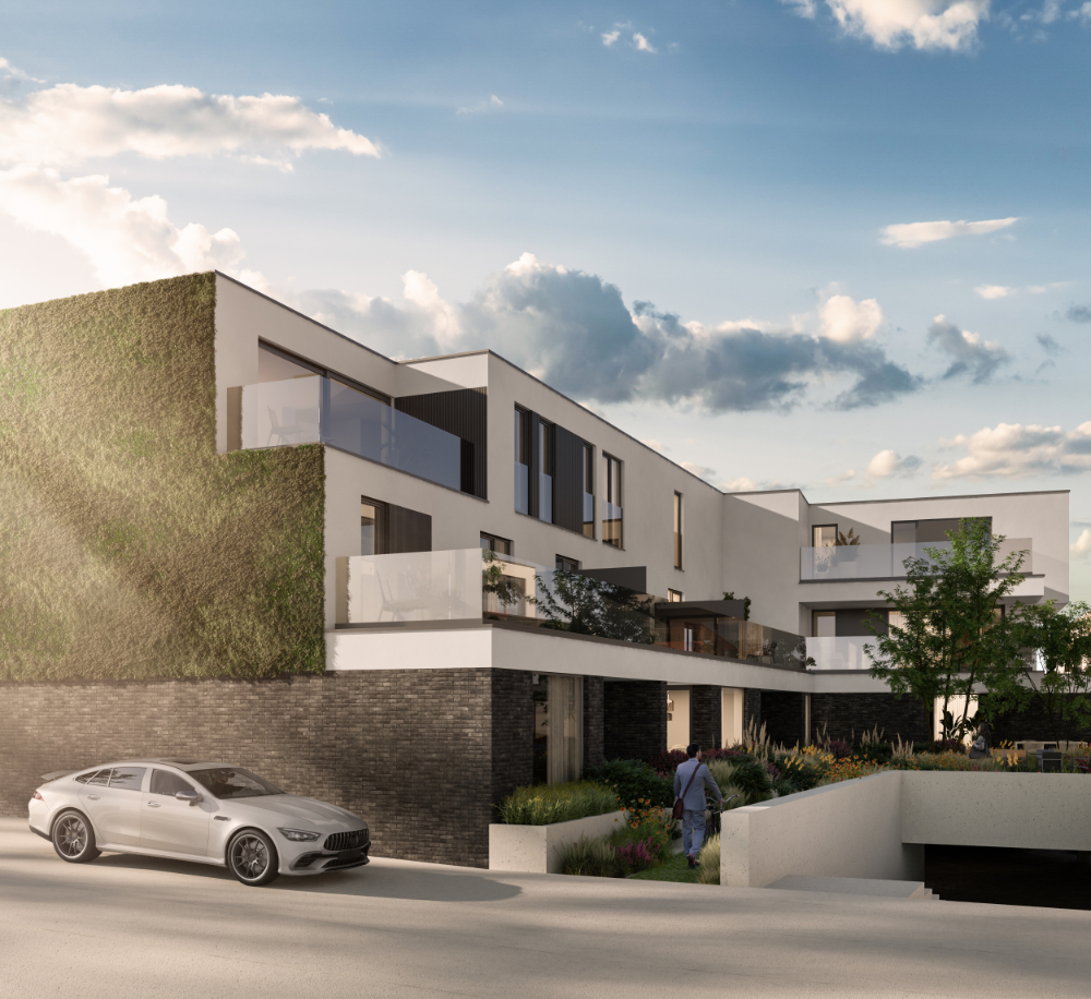 Postiljon met moderne appartementen en groene omgeving